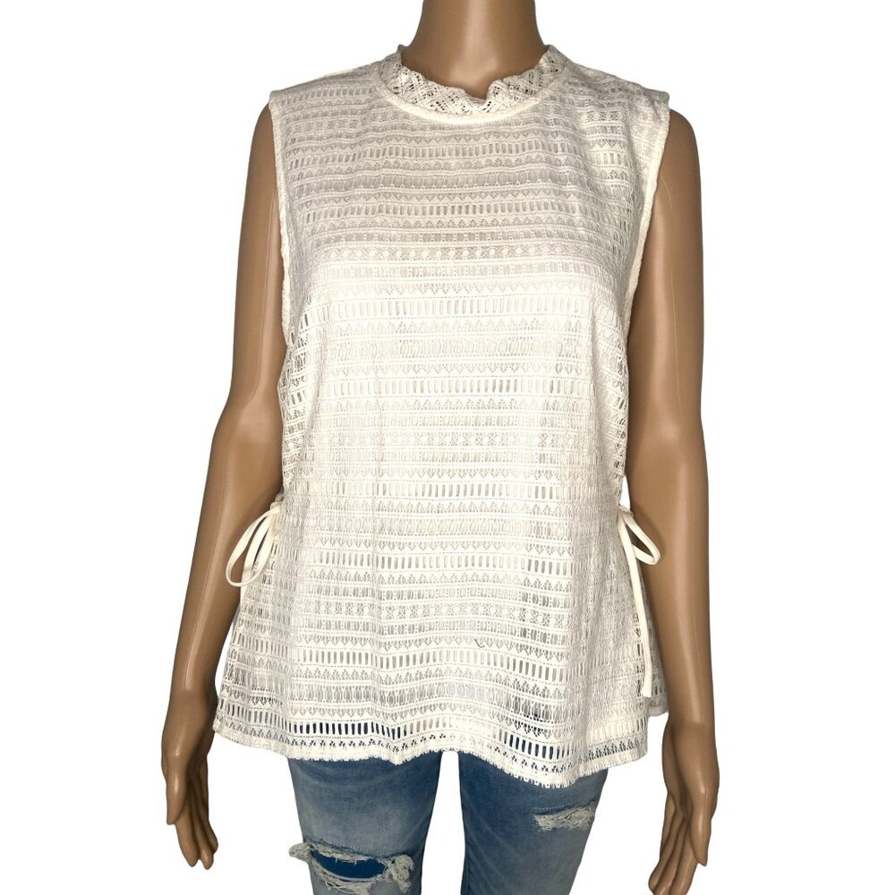 DKNY White Lace Sleeveless Peplum Top Mock Neck Tie Waist Size L NWT